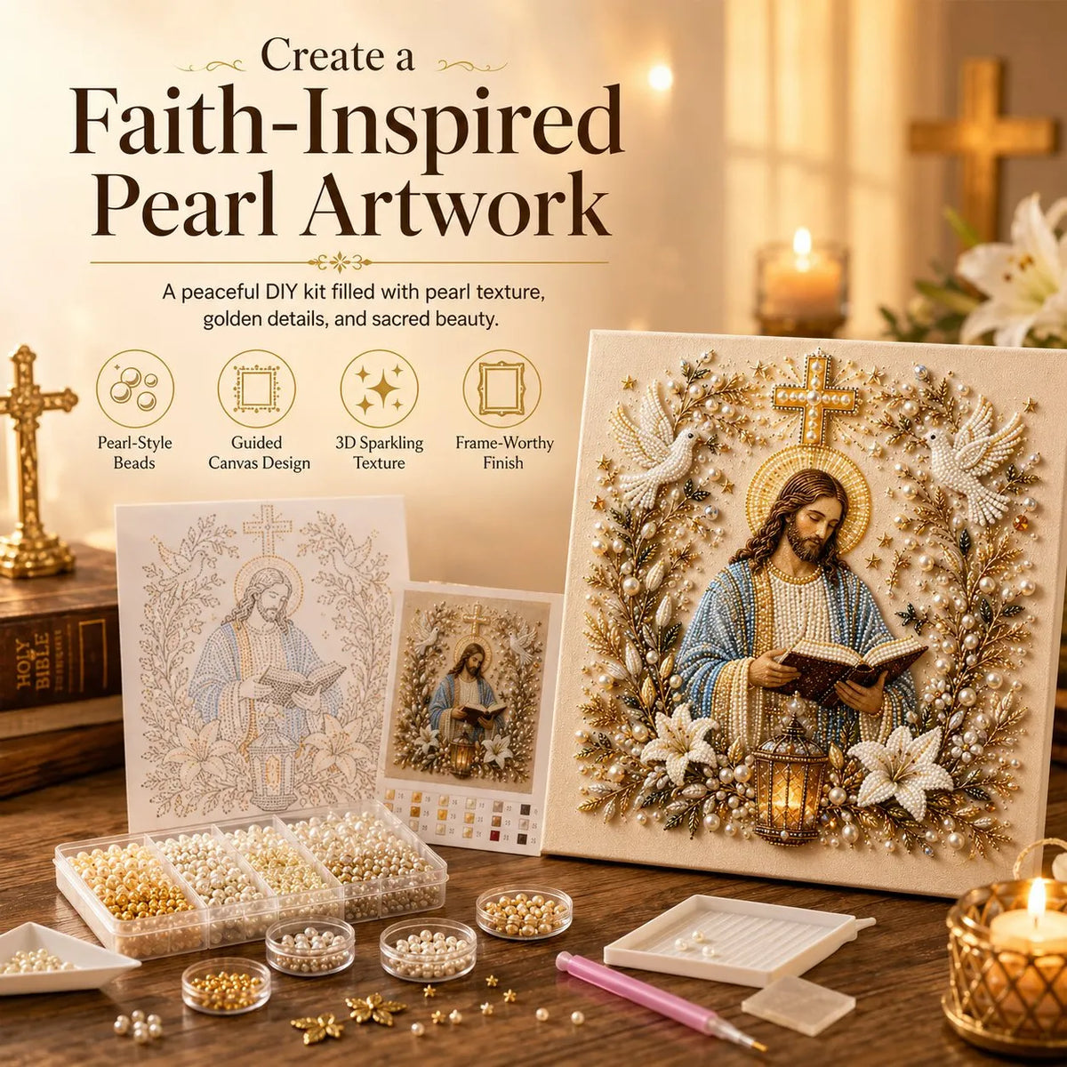 🔥 Last Day 49% OFF – ✝️ DIY Jesus Pearl Art Kit | 3D Pearl-Style Christian Artwork for Prayer Corners & Faith Gifts