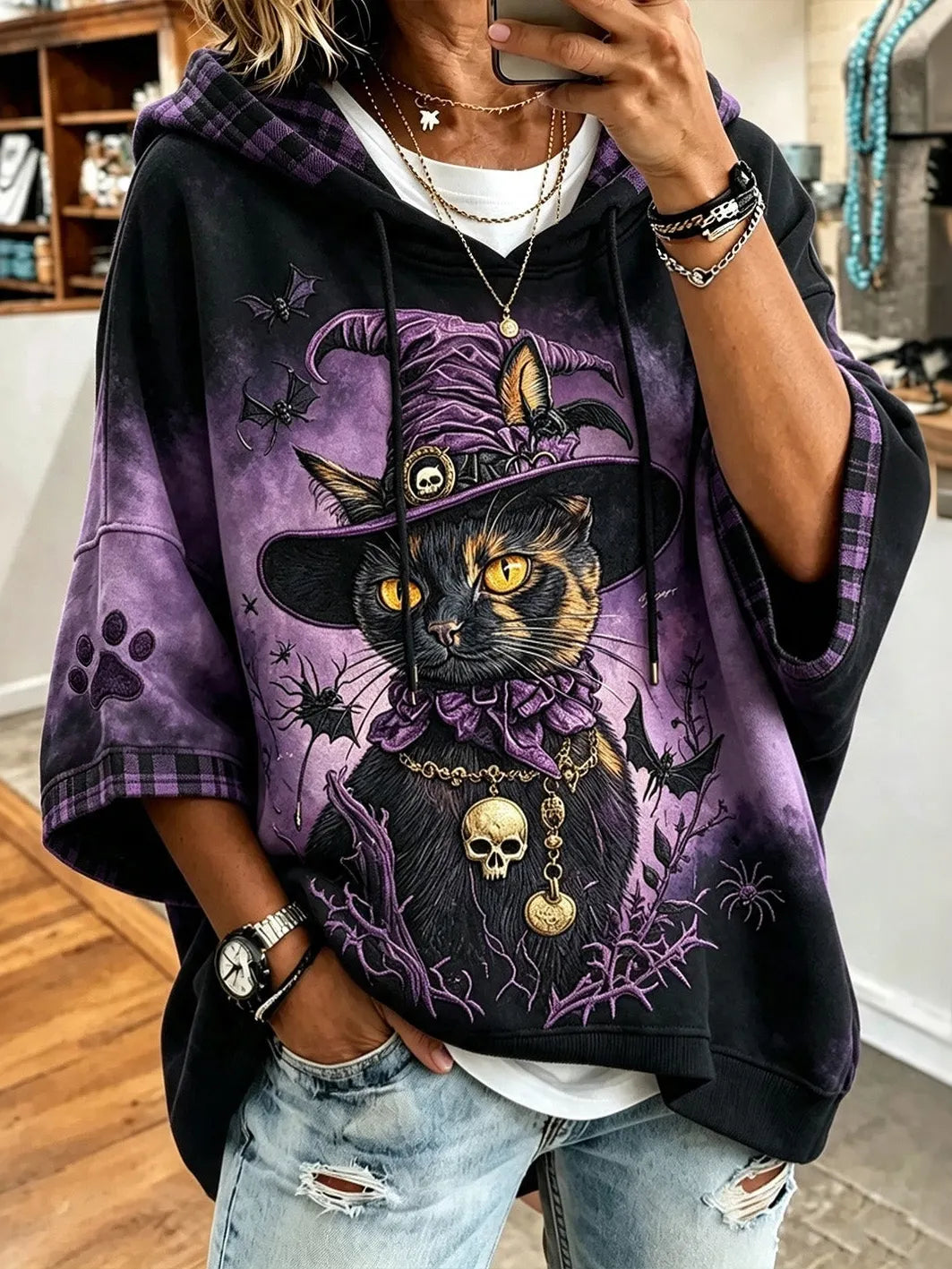 Women's Halloween Black Cat And Skull Art Print Casual Hoodie