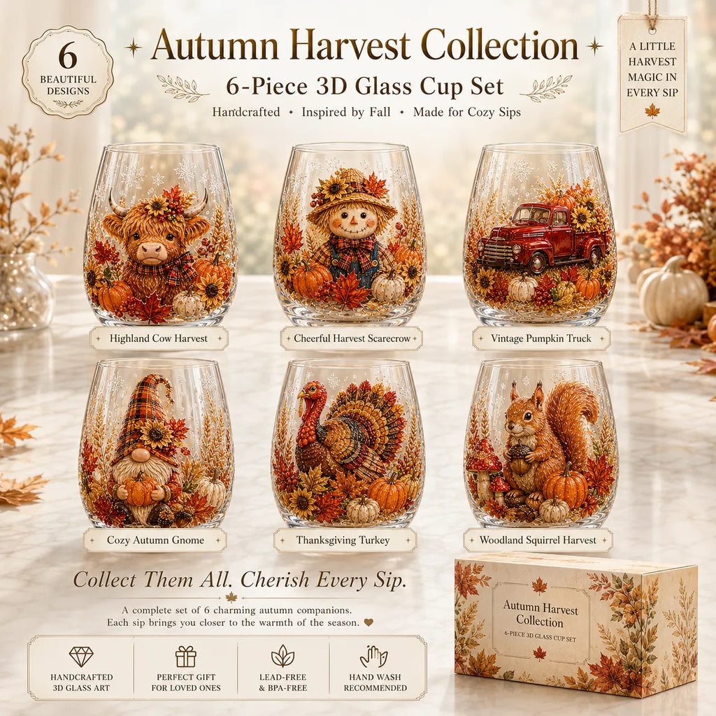 🍂Autumn Harvest 3D Glass Cup Gift Set – 6 Festive Designs