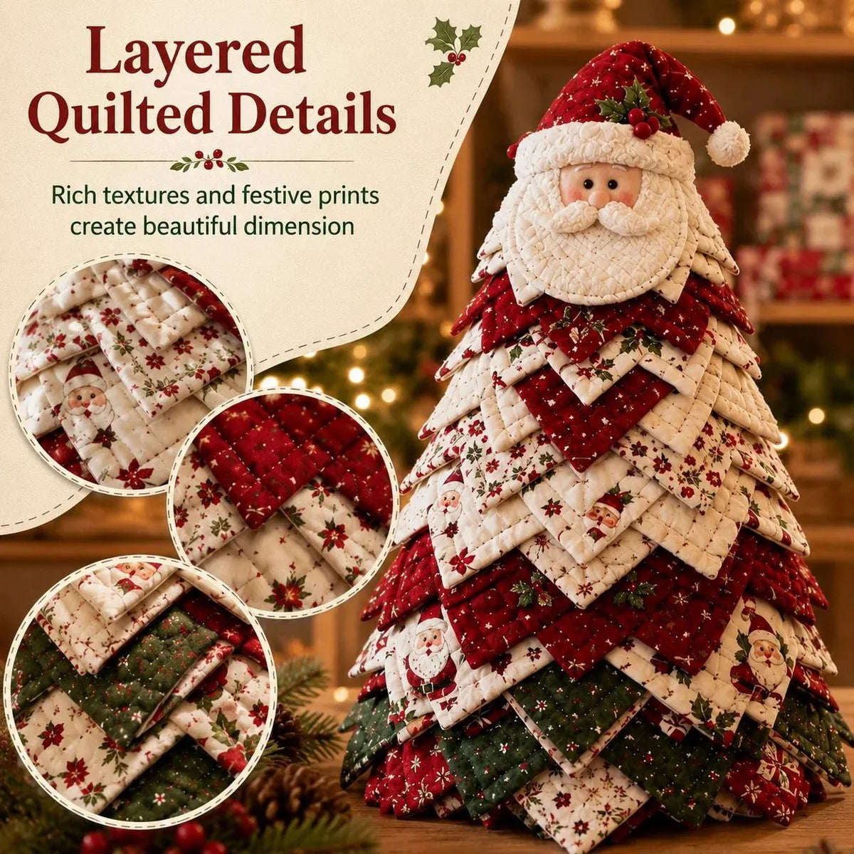 🎉🎄DIY Quilted Santa Christmas Tree Kit – Handmade Fabric Holiday Tabletop Tree Decor