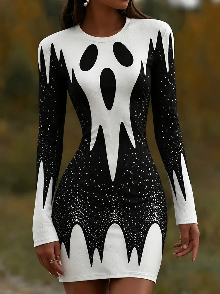 Women's Halloween Ghost Face Contrast Color Art Print Dress