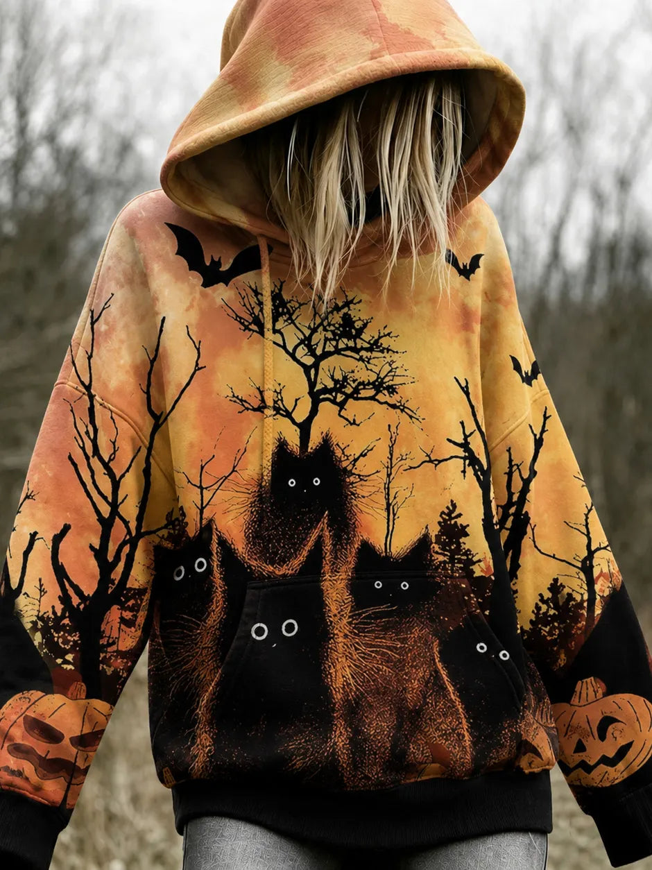Women's Black Cat Halloween Design Hoodie