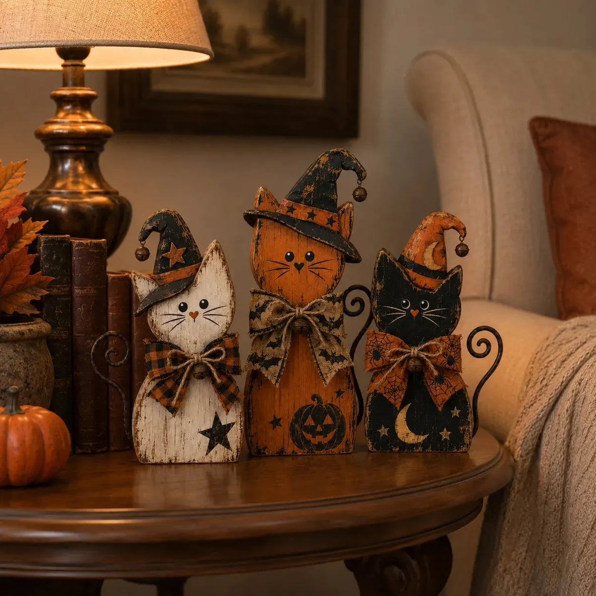 Vintage Halloween Witch Cat Decor Set
