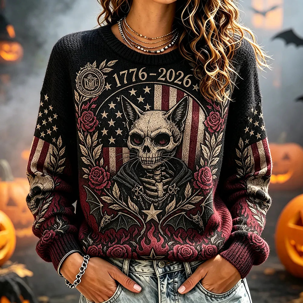 Women's Crewneck Knit Sweater Featuring Patriotic Cat Skull And Us Flag 1776-2026
