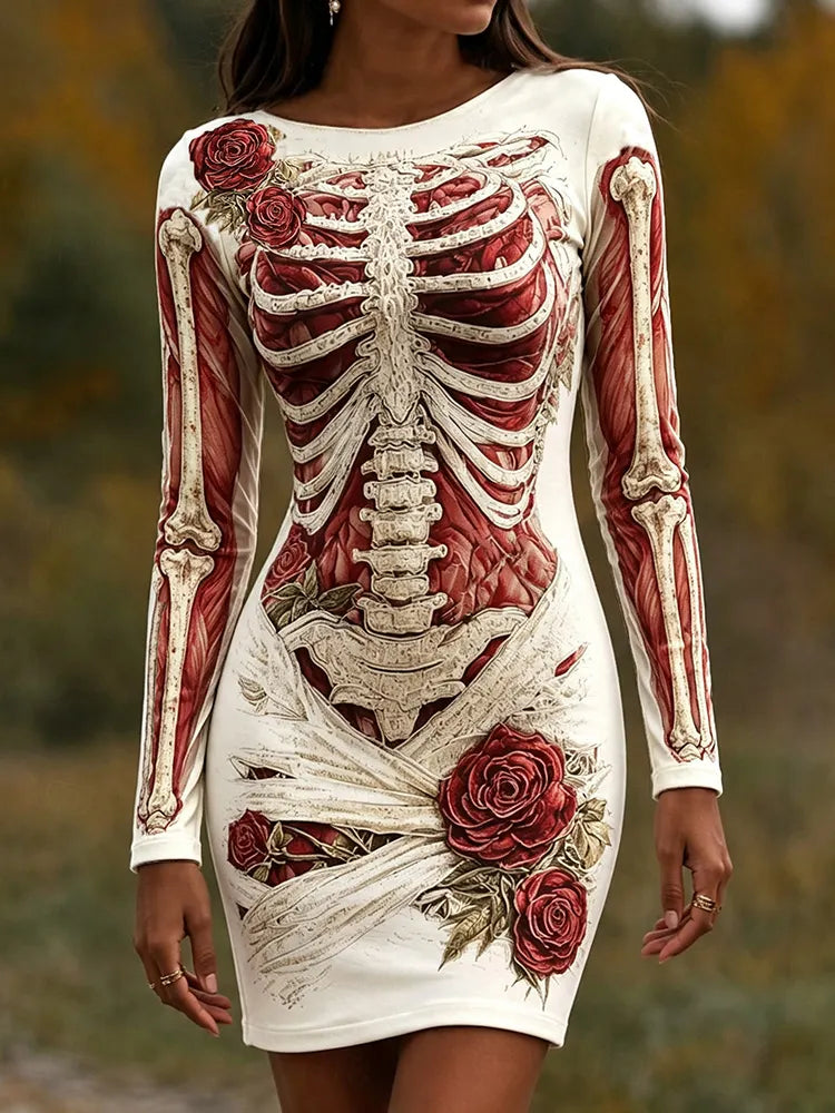 Women's Retro Human Anatomy Rose Art 3d Printing Bodycon Mini Dress
