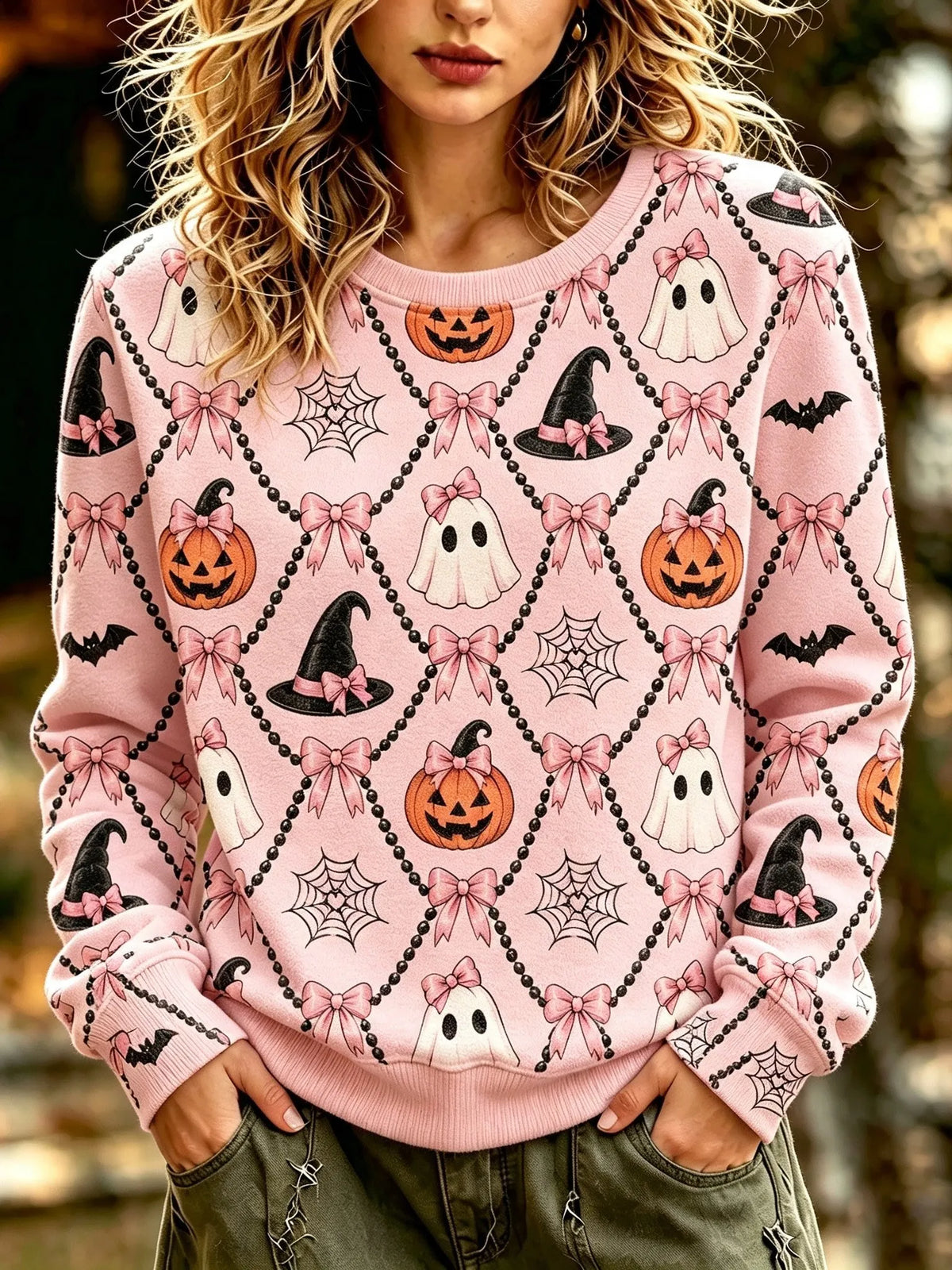 Women's Halloween Ghost, Pumpkin, And Spider Web Element Long-sleeved Sweatshirt