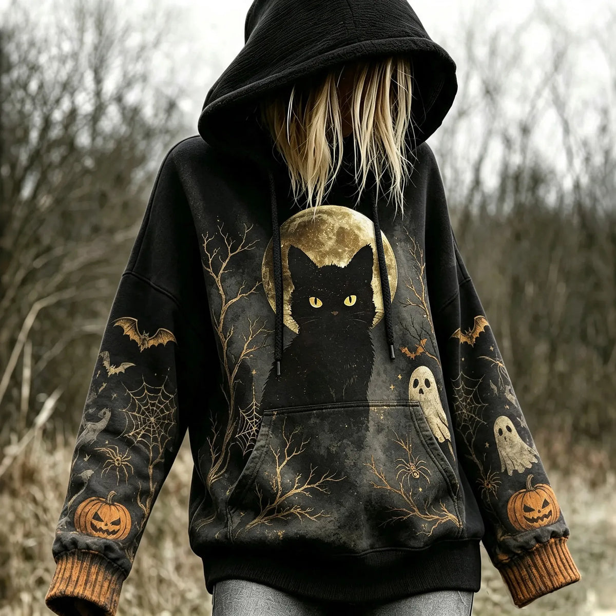 Women's Black Cat Moonlit Night Halloween Design Hoodie