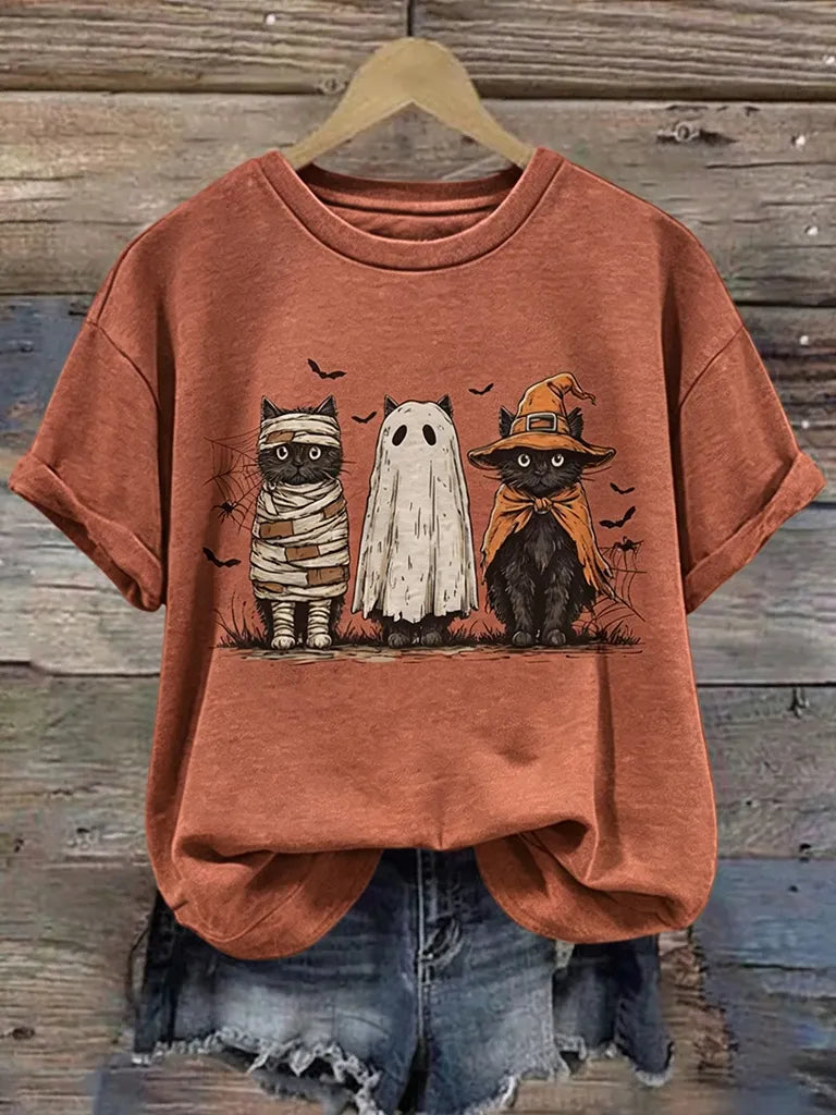 Women's Retro Halloween Funny Cat Pattern Casual T-shirt