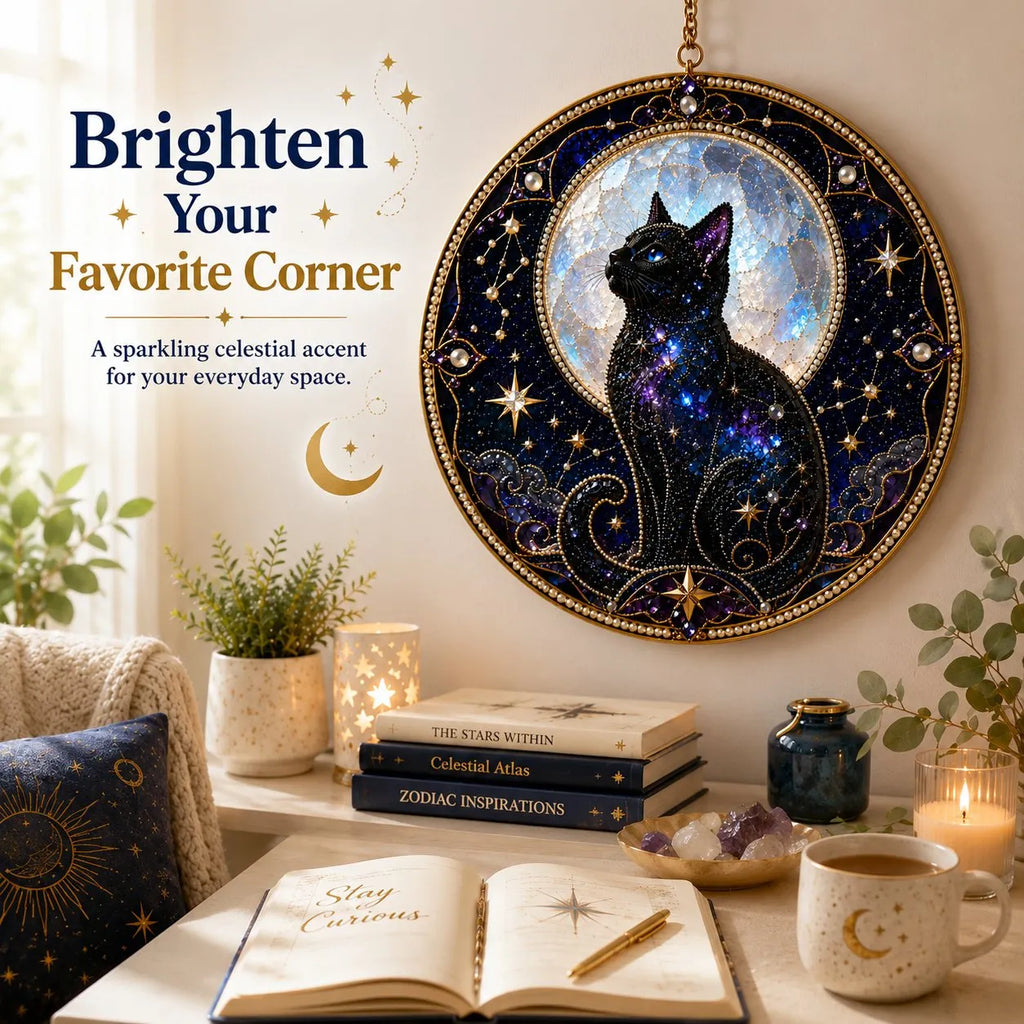 🌙🐈‍⬛ LAST DAY 49% OFF – ✨ Premium 3D Pearl Celestial Black Cat Window Hanging Kit | Luxury Flocked Canvas with Scratch-Resistant Non-Fading Pearl Beads DIY Handmade Moonlight Suncatcher Decor 🔮💎
