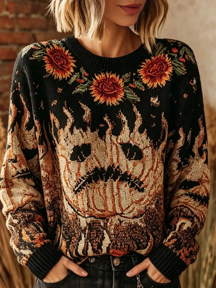 Women's Retro Halloween Themed Pumpkin Flame Print Warm Knit Sweater