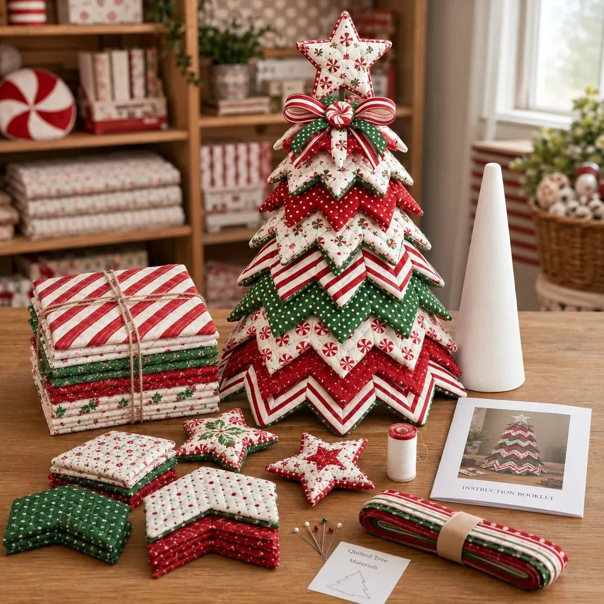 🎉🎄DIY Quilted Santa Christmas Tree Kit – Handmade Fabric Holiday Tabletop Tree Decor