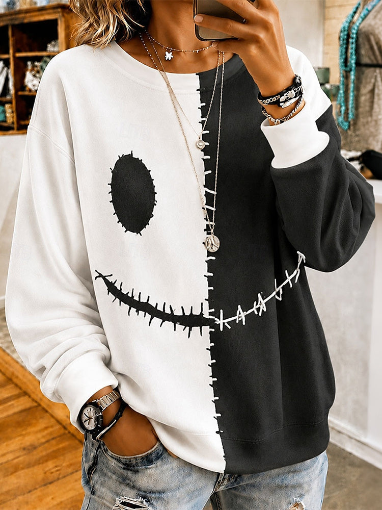 Women's Retro Halloween Smiley Face Color Block Casual Comfort Hoodie
