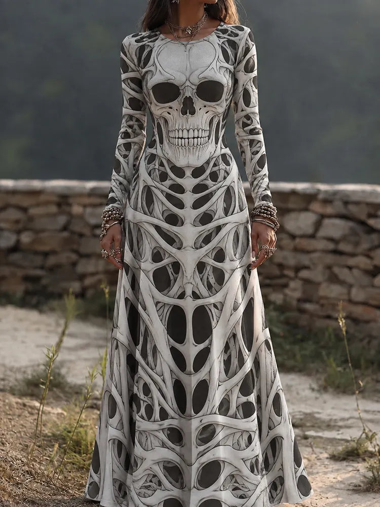 Women's Vintage Halloween Skull Face Art Comfy Maxi Dress