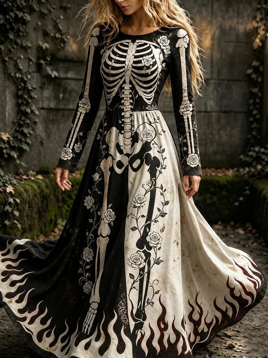 Women's Vintage Halloween Color Block Skeleton And Floral Art Print Crew Neck Long Sleeve Maxi Dress