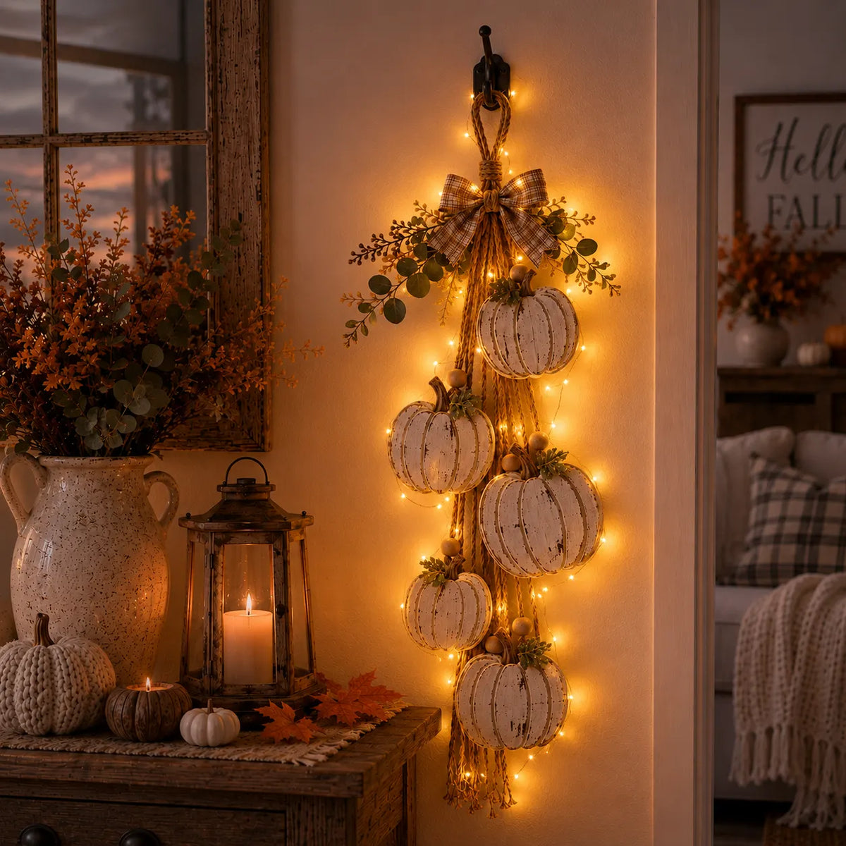 Rustic White Pumpkin Hanging Swag – 5-Pumpkin Fall Door & Wall Decoration for Farmhouse Autumn Decor