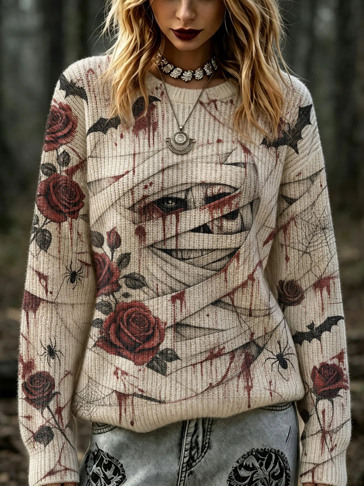 Women's Retro Halloween Themed Bandage And Rose Print Sweater