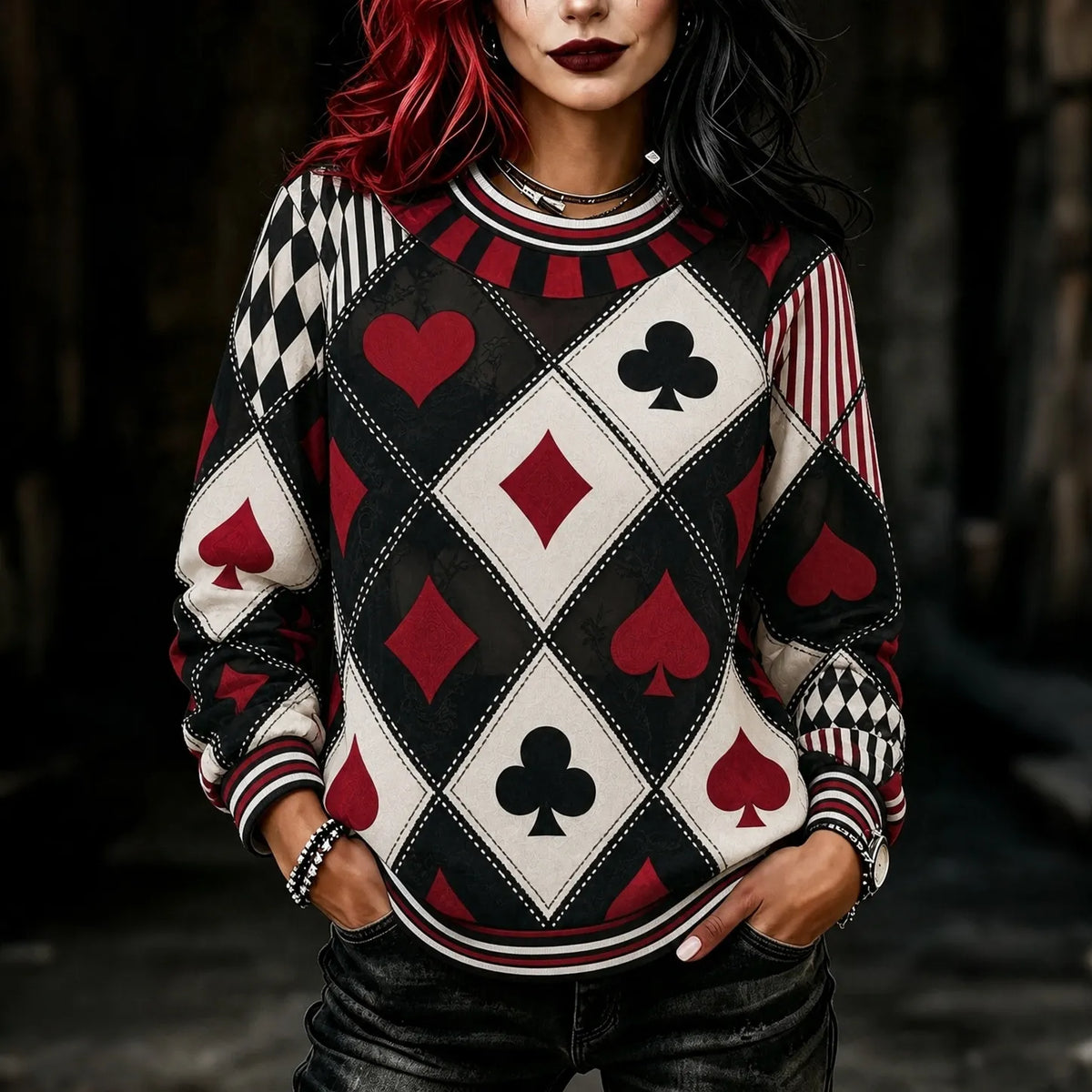 Women's Halloween Retro Casual Color Block Poker Print Long Sleeve Crew Neck Sweatshirt