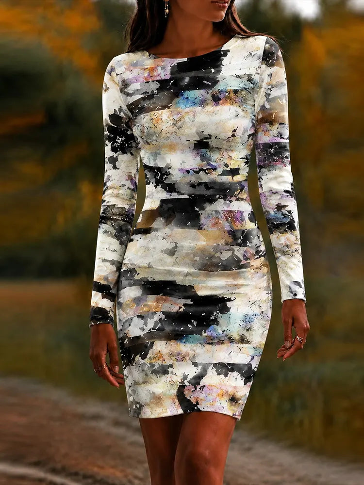 Women's Halloween Dark Gothic Colorful Bandage Art Crew Neck Long Sleeve Dress