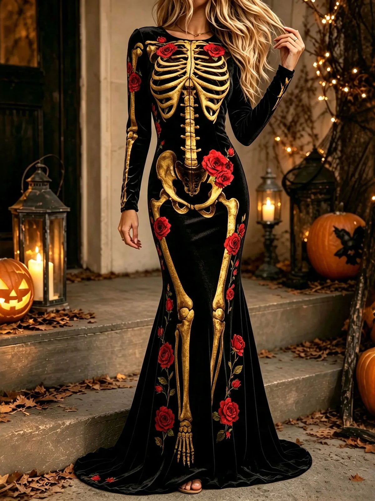 Women's Halloween Skull Rose Print Velvet Dress
