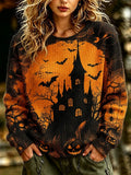 Women's Retro Halloween Themed Bat And Castle Print Sweater