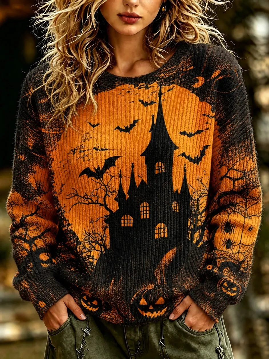 Women's Retro Halloween Themed Bat And Castle Print Sweater