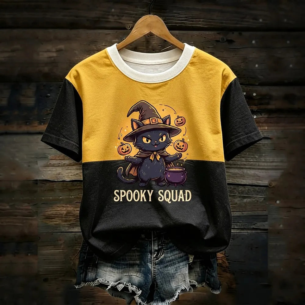 Unisex Yellow And Black Colorblock Spooky Squad Witch Cat Print Short Sleeve T-shirt