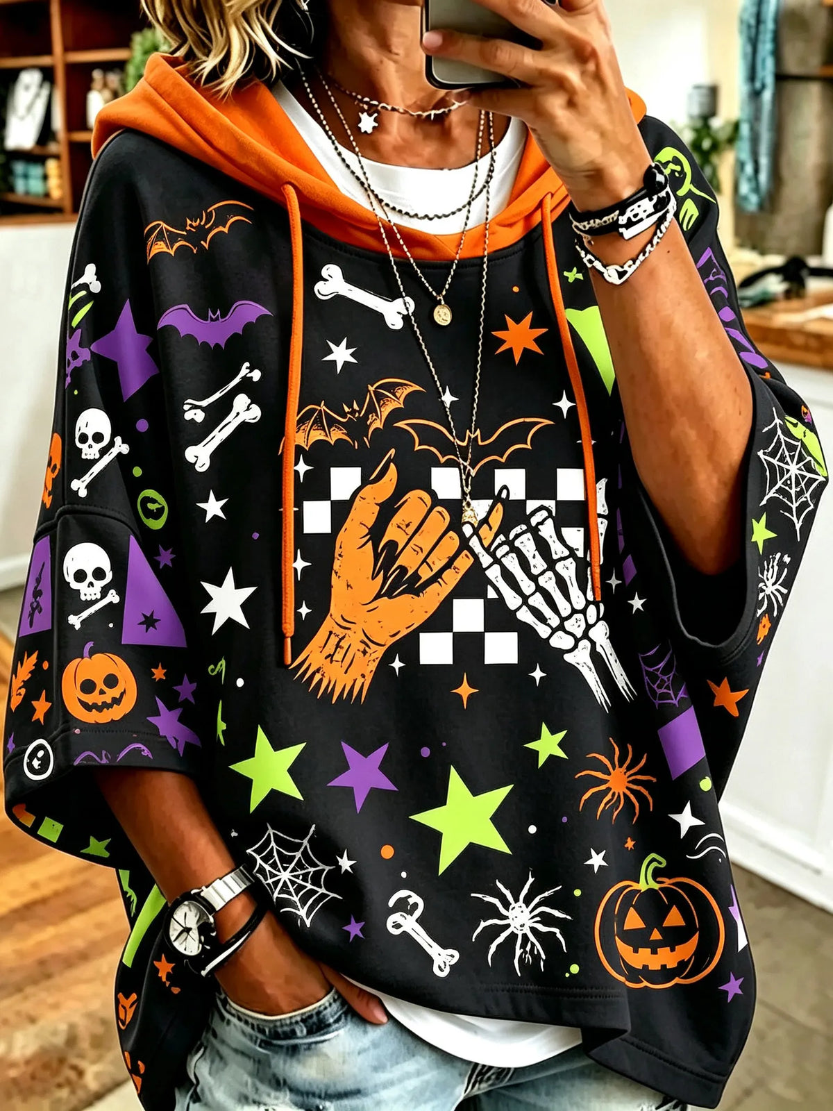 Women's Retro Halloween Themed Print Casual Hooded Sweatshirt