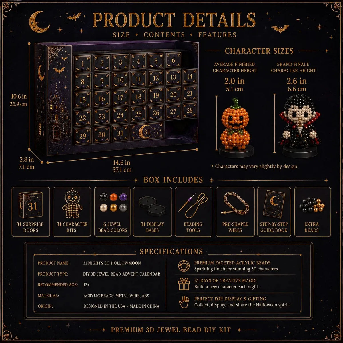 🔥HOT SALE🔥 LAST DAY 49% OFF – 🎃 Hollowmoon 31-Night Jewel-Bead Countdown Calendar | 31 Daily DIY Characters, Complete Craft Supplies & Midnight Parade Display 💎✨