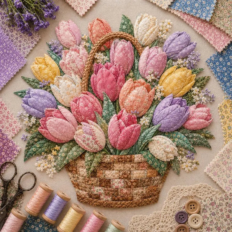 🌸🧵 Premium Floral Basket Patchwork DIY Kit | High-Quality Layered Fabric Bouquet with Raised Petals & Woven Basket Details ✨
