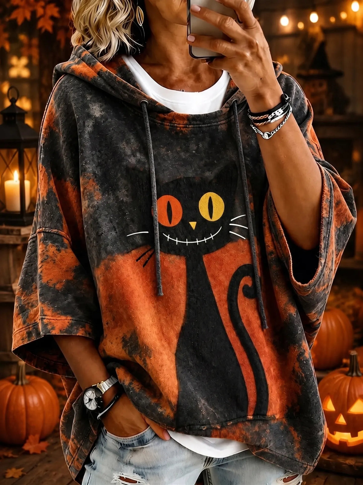 Women's Halloween Black Cat  Art Print Casual Hoodie