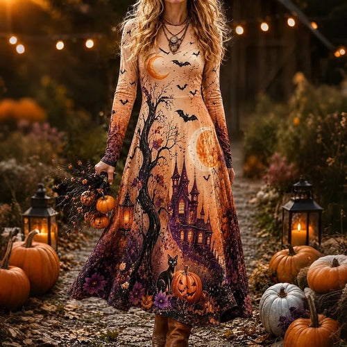 Women's Retro Halloween Castle Pumpkin Black Cat Bat Print Round Neck Long Sleeve Dress