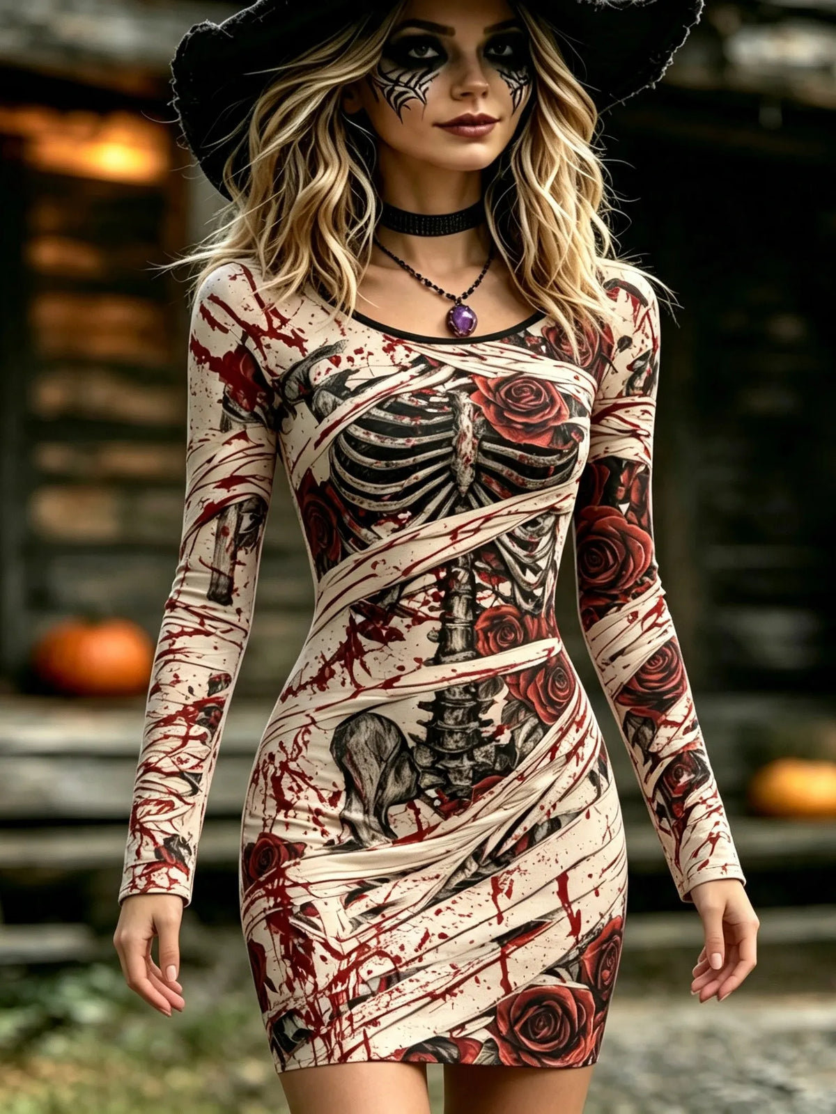 Women's Halloween-themed Bloody Bandage Rose Print Dress