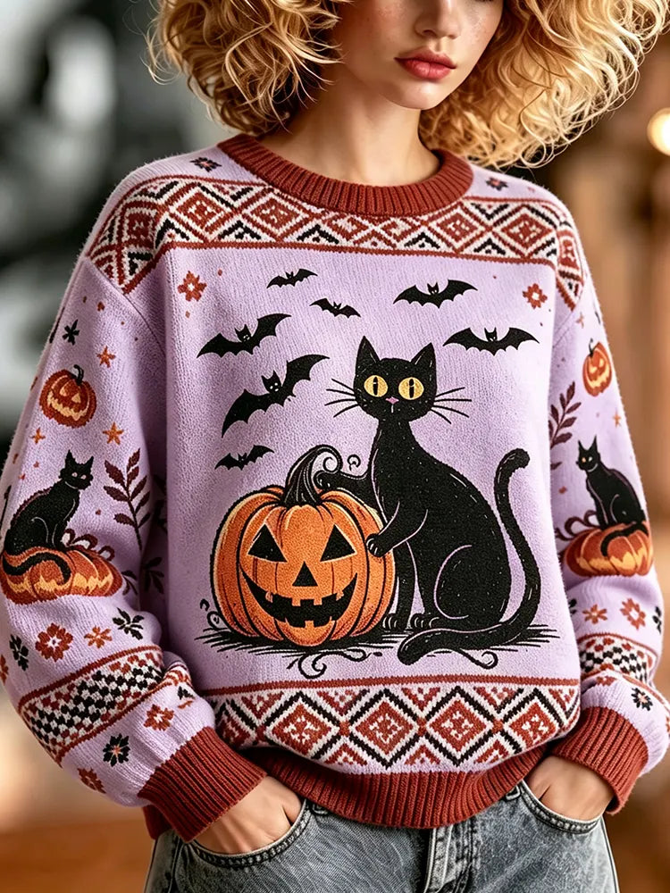 Women's Halloween Cat And Pumpkin Graphic Long-sleeve Knit Sweater