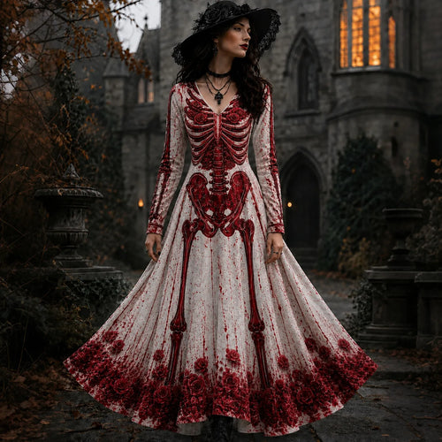 Women's Halloween Retro Gothic Skull Floral Print V-neck Maxi Dress