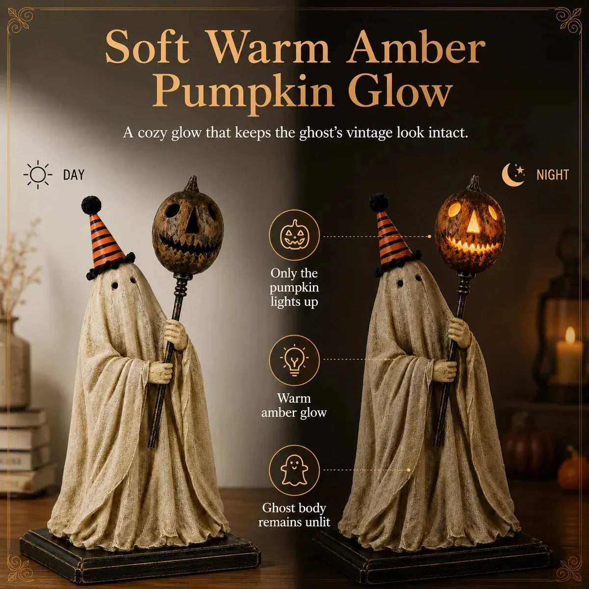 Lighted Vintage Ghost Figurine with Glowing Pumpkin Staff 👻💡