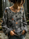 Women's Halloween Spider And Bat Art Print Cotton Linen Casual Crew Neck Long Sleeve Top