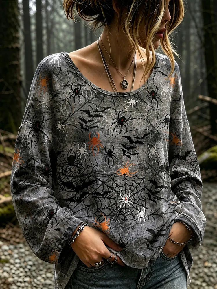 Women's Halloween Spider And Bat Art Print Cotton Linen Casual Crew Neck Long Sleeve Top