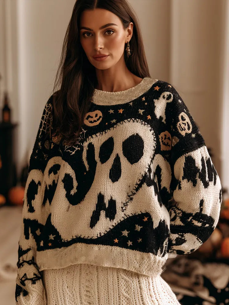 Vintage Halloween Cute Spooky Ghost Art Color Block Knit Crewneck Sweater
