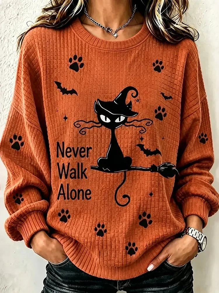 Never Walk Alone Halloween Cat And Broom Print Casual Sweatshirt