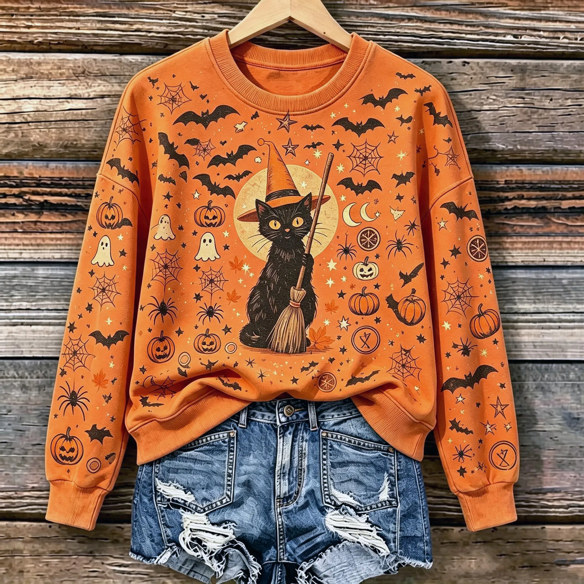 Women's Retro Halloween Cat, Ghost, And Spider Print Sweatshirt