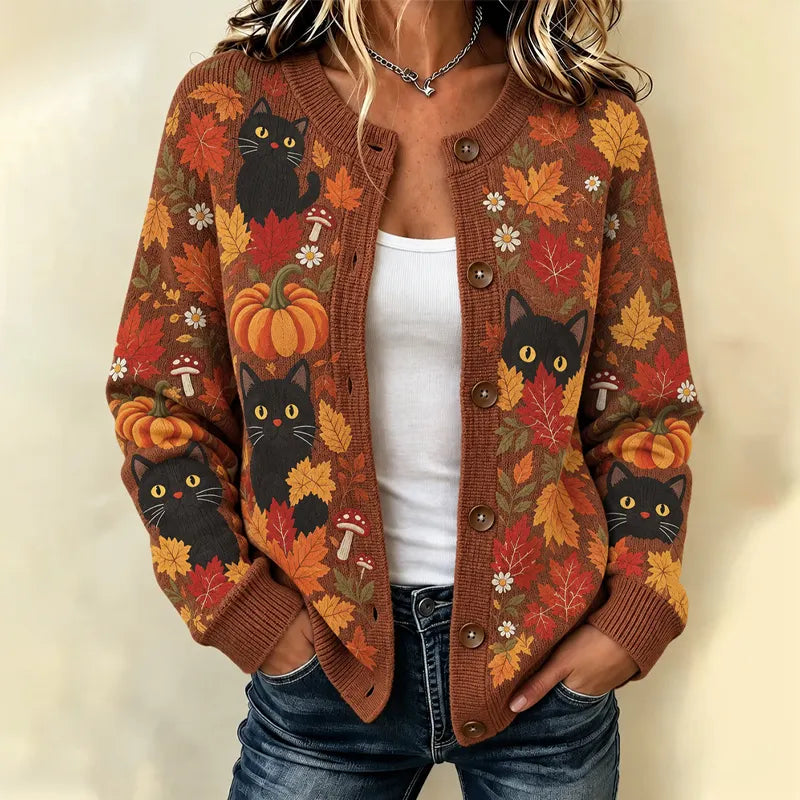 Women's Fall Halloween Pumpkin Cat And Maple Leaf Pattern Sweater Cardigan