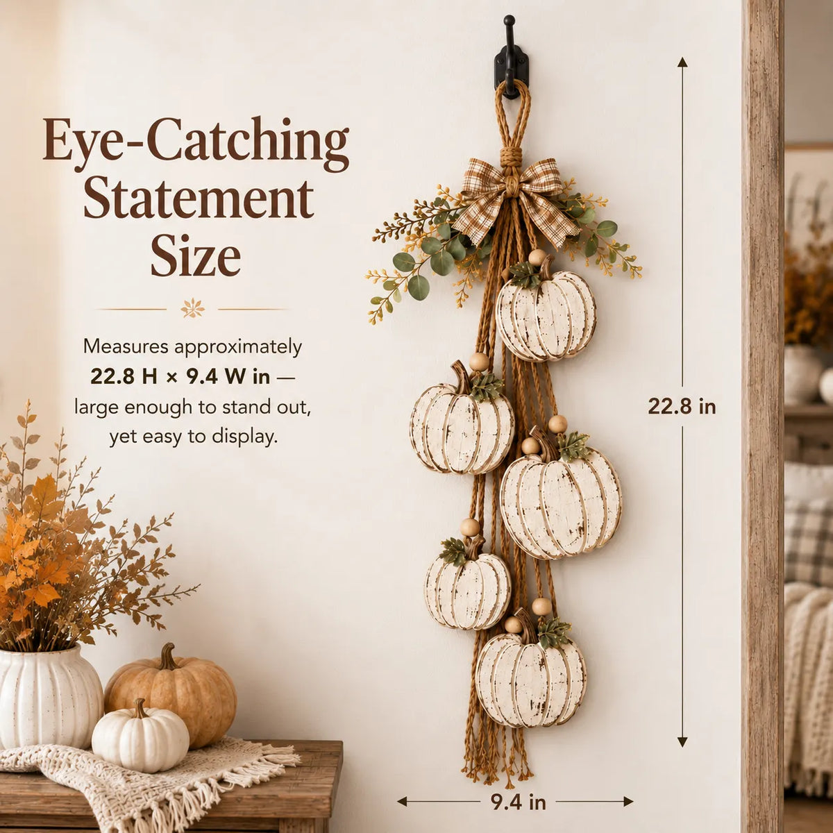 Rustic White Pumpkin Hanging Swag – 5-Pumpkin Fall Door & Wall Decoration for Farmhouse Autumn Decor