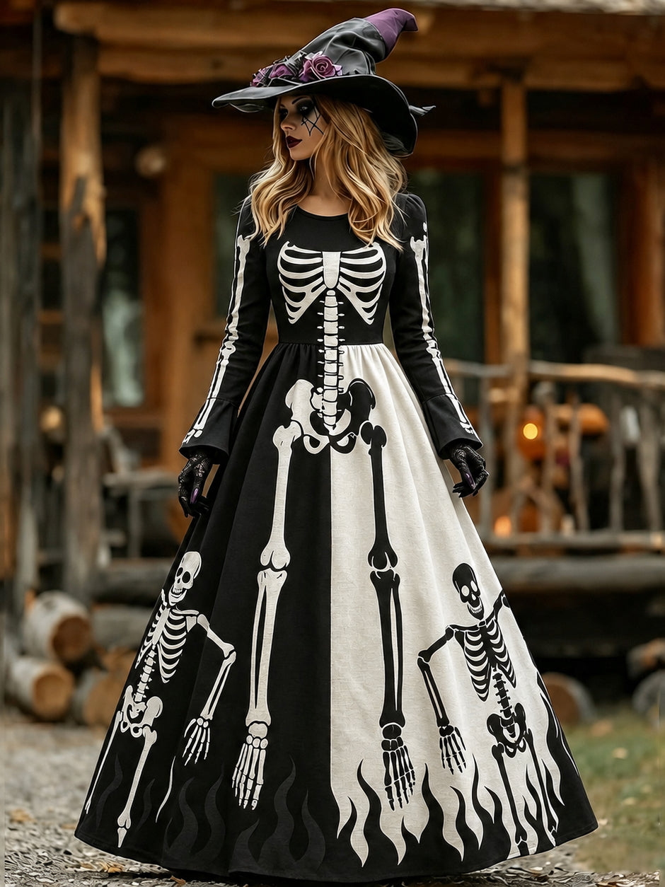 Women's Vintage Halloween Color Block Skeleton Print Crew Neck Long Sleeve Maxi Dress