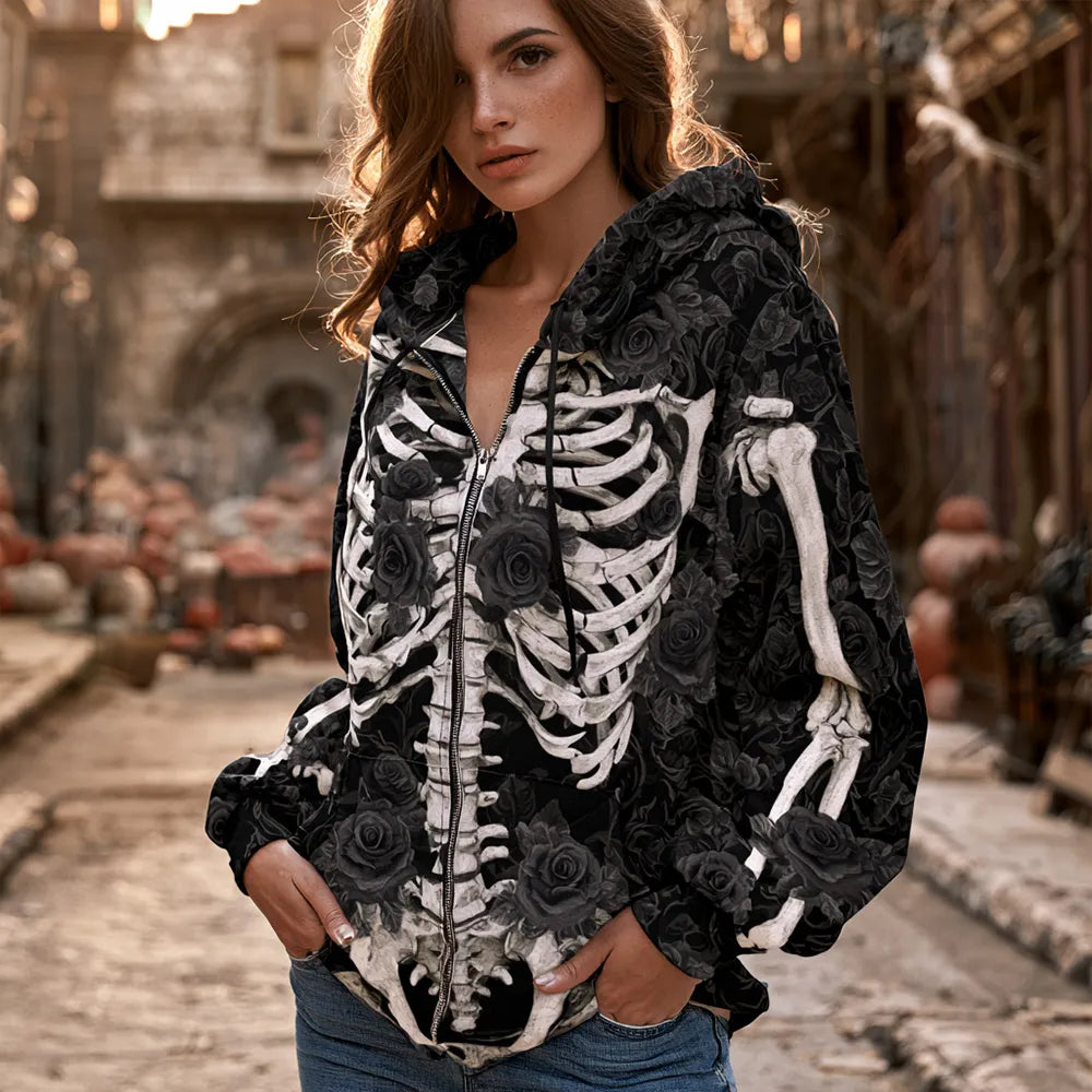 Women's Halloween Human Anatomy And Floral Art Print Casual Hoodie