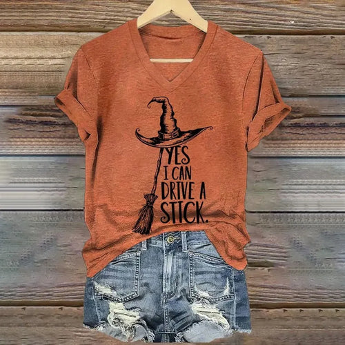 Women's Yes I Can Drive A Stick Halloween Printed V-neck T-shirt