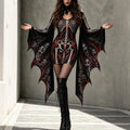 Women's Gothic Skeleton With Bat Printed Batwing Flare Sleeve V Neck Bodycon Dress – Halloween Costume