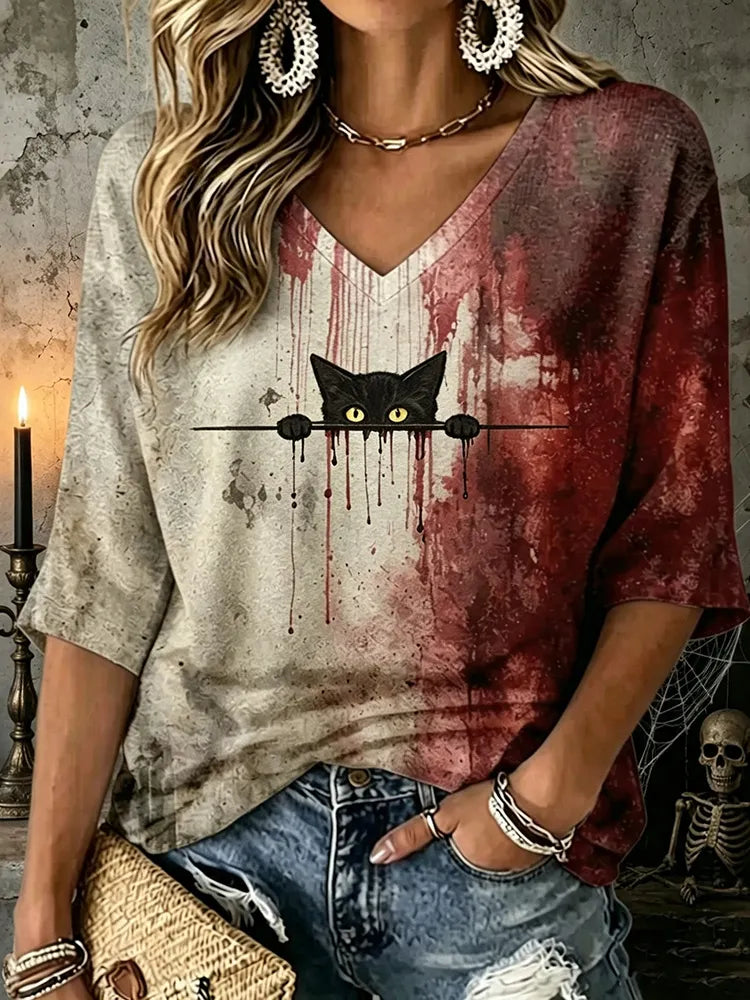 Women's Cute Cat With Blood Printed Mid-length Sleeves V-neck T-shirt