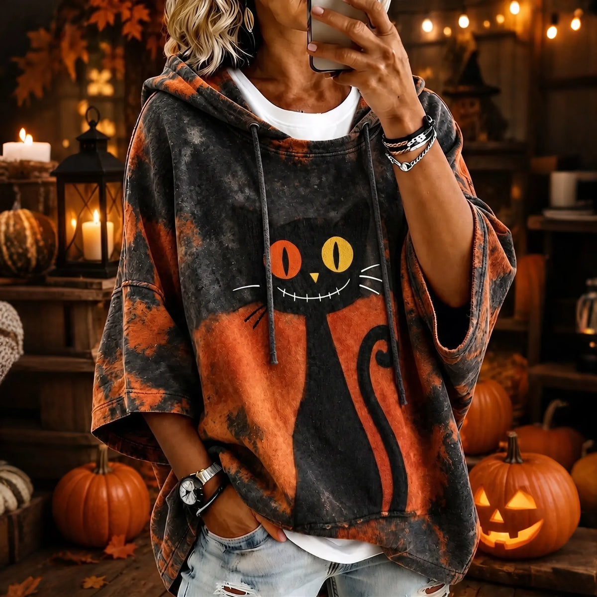 Women's Halloween Black Cat  Art Print Casual Hoodie