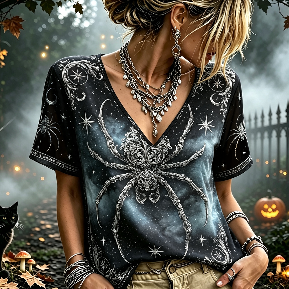 Women's V-neck T-shirt With Large Gothic Spider And Celestial Moon & Star Print