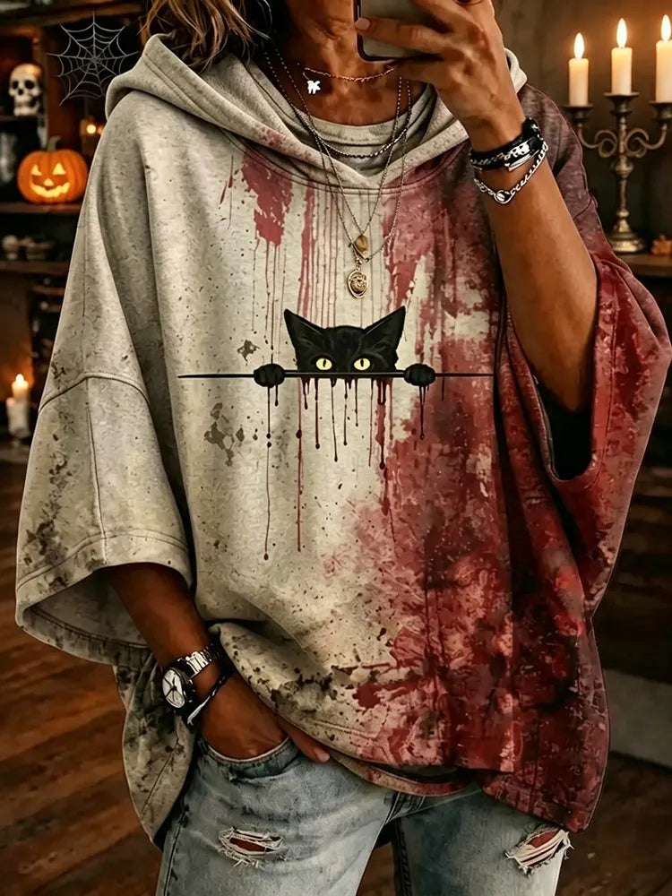 Women's  Cute Cat With Blood Printed  Art Print Hooded Sweatshirt
